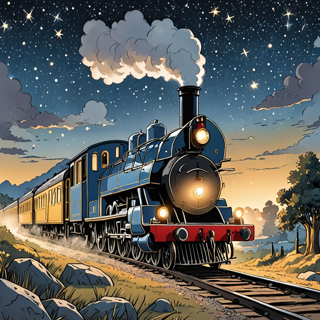 a train traveling down train tracks under a night sky with stars and clouds above it and a full moon, fantasy art, a storybook illustration, Cliff Childs, promotional image