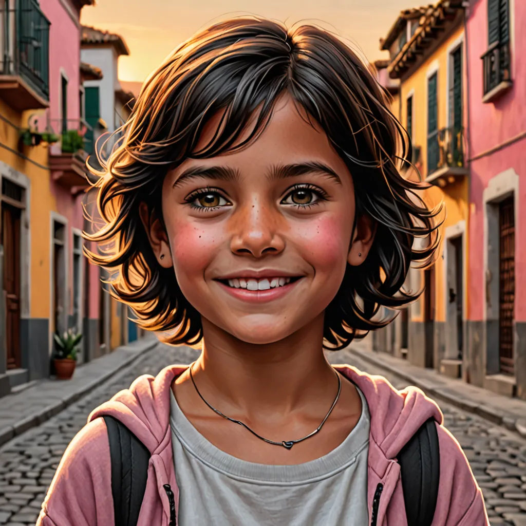 a young girl is smiling in a street with buildings in the background and a pink building with a green door, photorealism, a photorealistic painting, Elena Guro, highly detailed digital painting