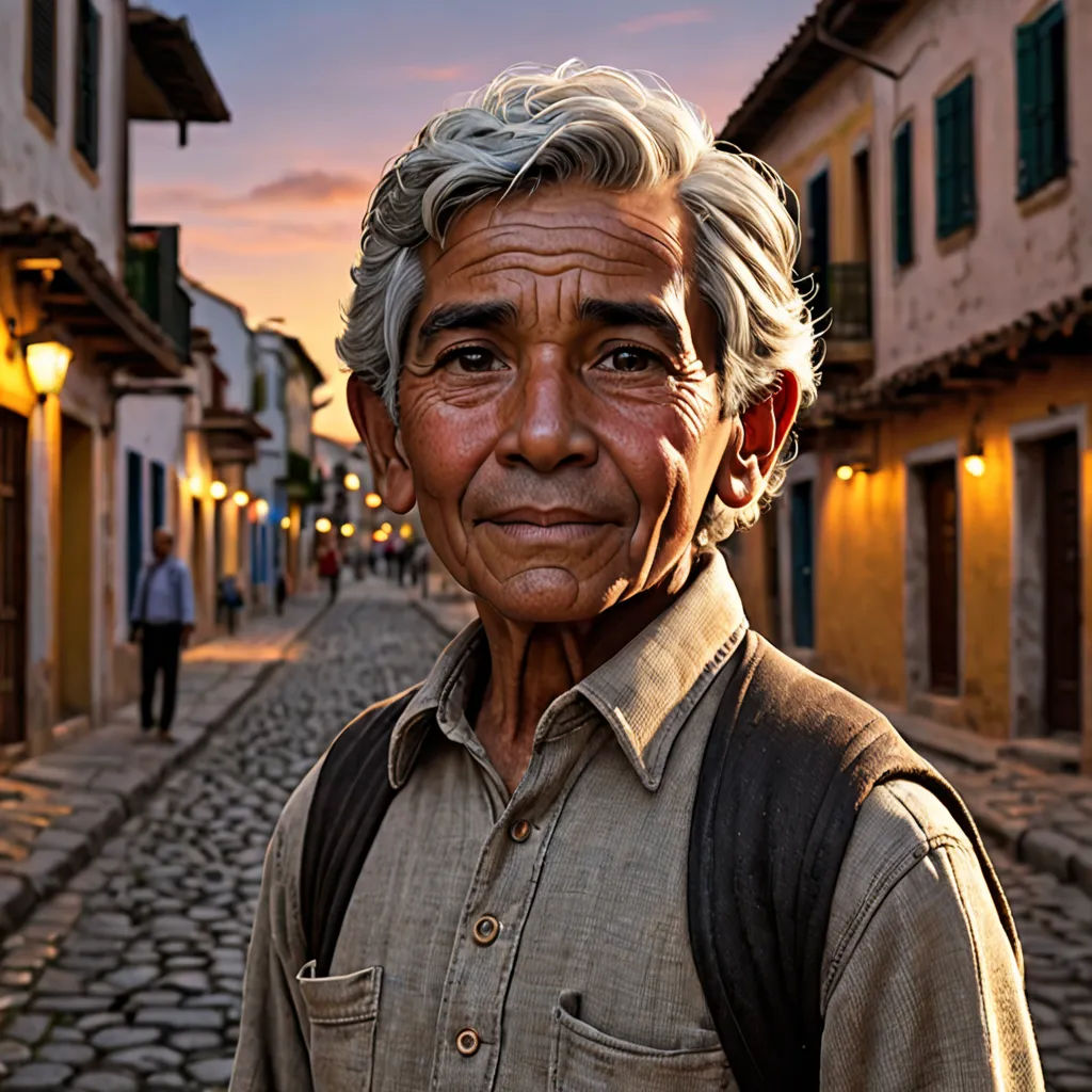 a man with a backpack on a cobblestone street at sunset with a building in the background and a man walking down the street, photorealism, a character portrait, Daniel Lieske, affinity photo