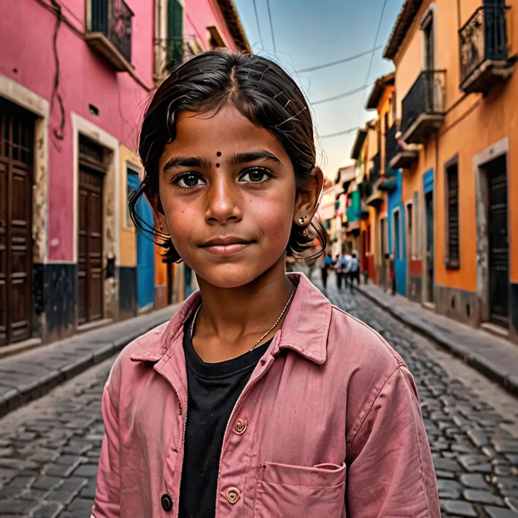 a young girl standing in a street in a city with buildings and cobblestone streets and a blue sky, art photography, a portrait, Daniel Lieske, award-winning photograph