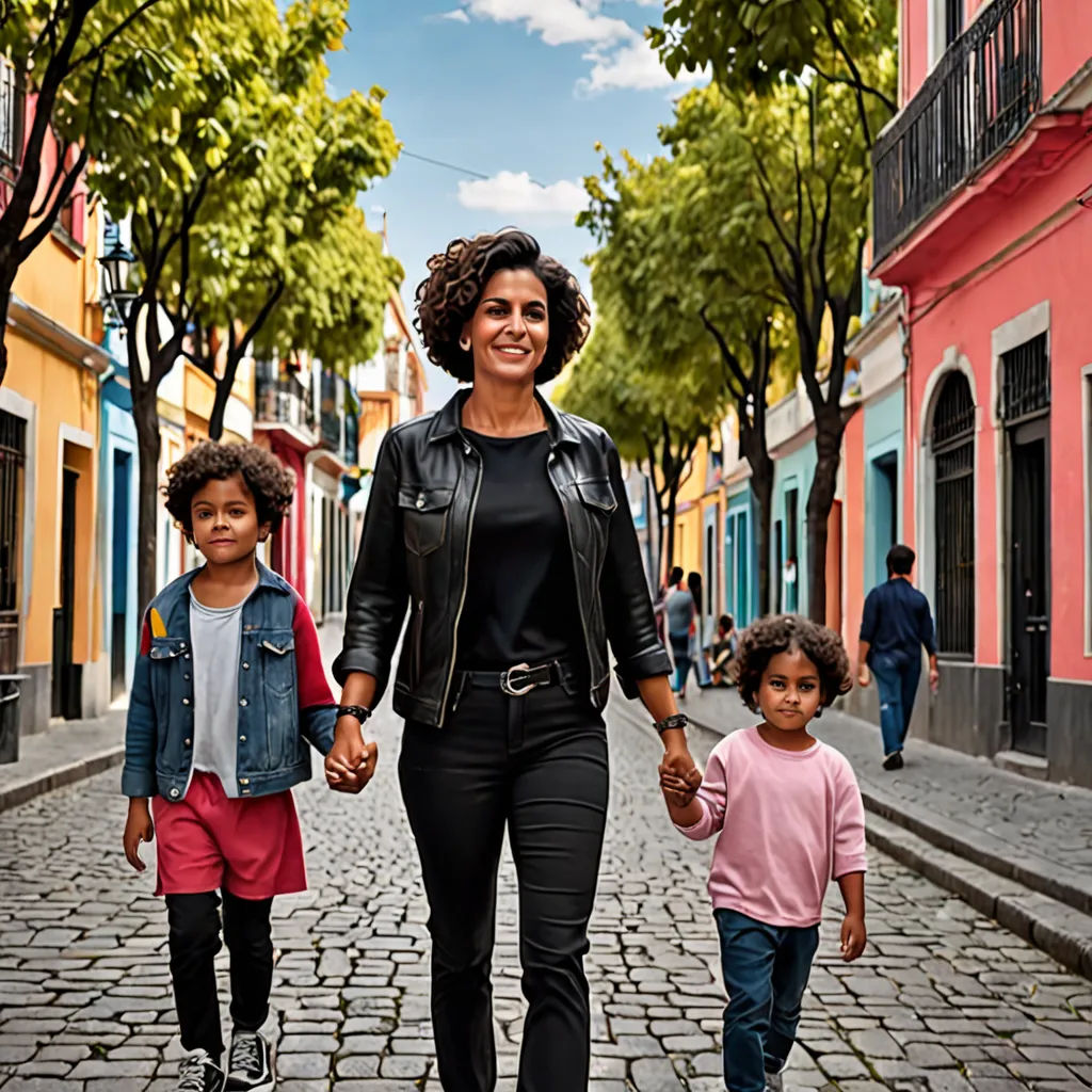 a woman and two children walking down a cobblestone street in a city with colorful buildings and trees, private press, a character portrait, Amelia Peláez, promotional image