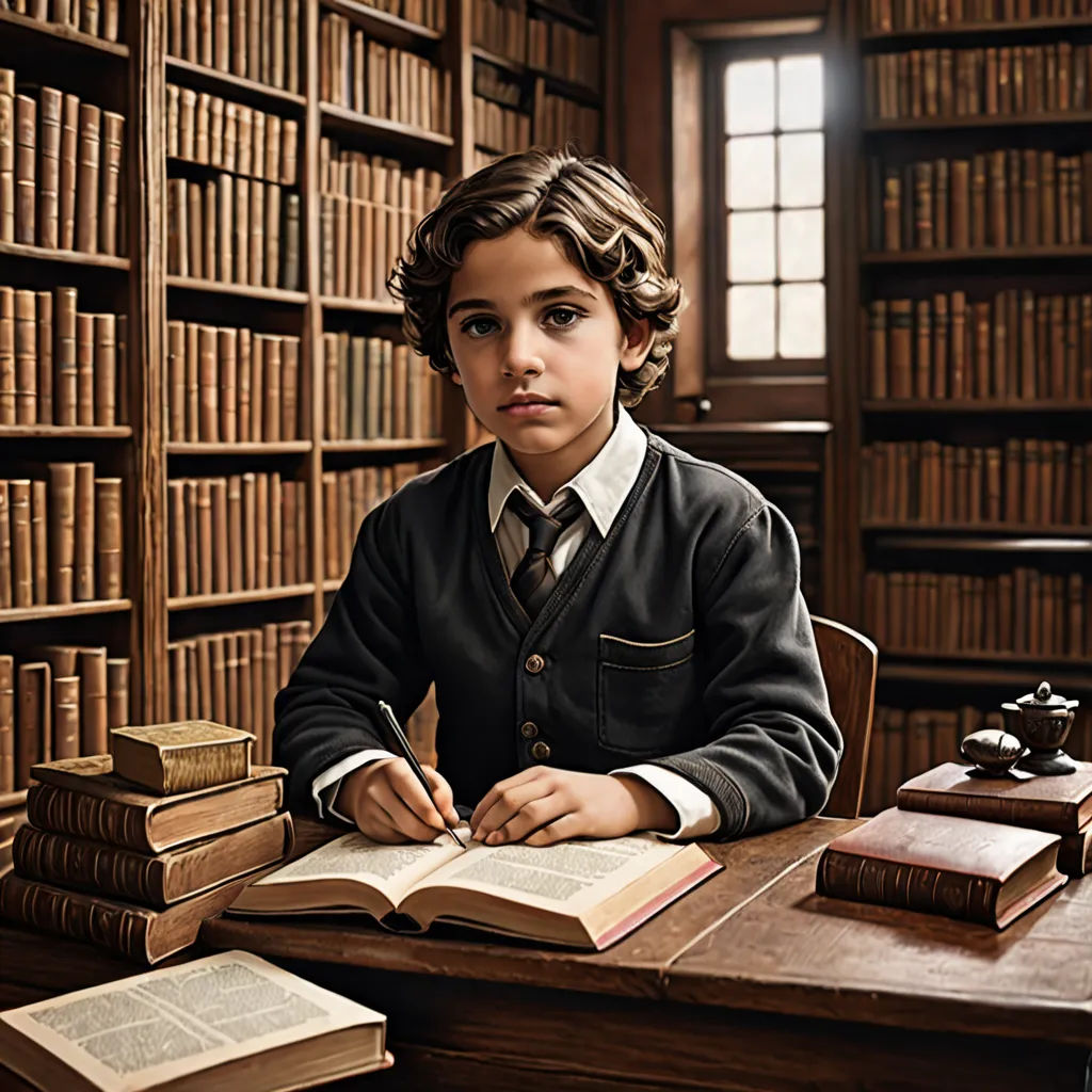 a young boy sitting at a desk with a book and a pen in his hand and a book on the desk, quito school, a detailed matte painting, Dino Valls, promotional image