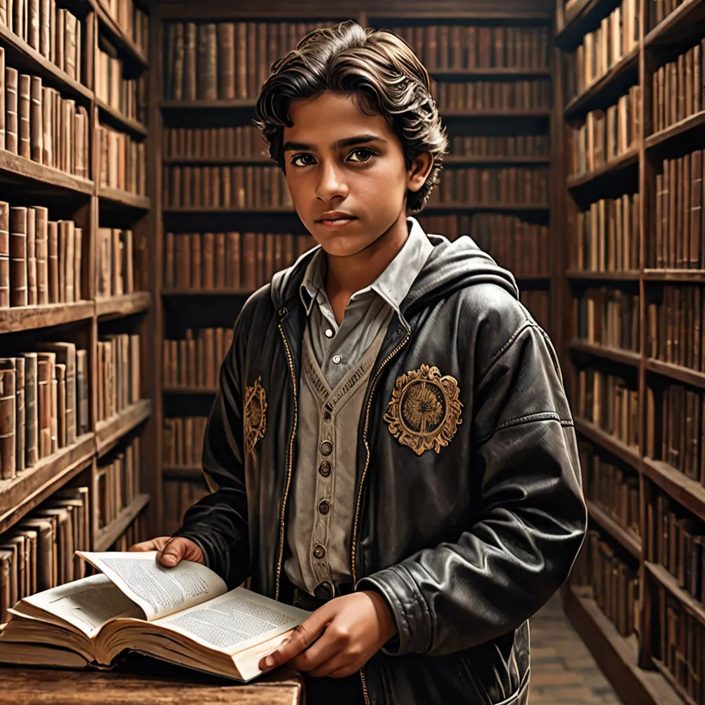 a boy is standing in a library holding a book and looking at the camera with a serious look on his face, quito school, a character portrait, Ahmed Karahisari, promotional image