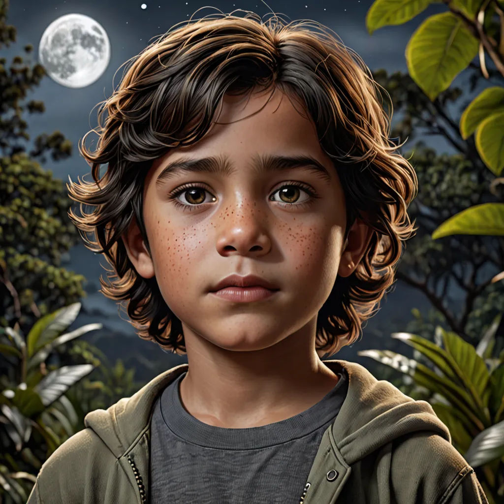 a painting of a young boy with a full moon in the background and trees and bushes around him,, photorealism, a photorealistic painting, Cliff Childs, highly detailed digital painting