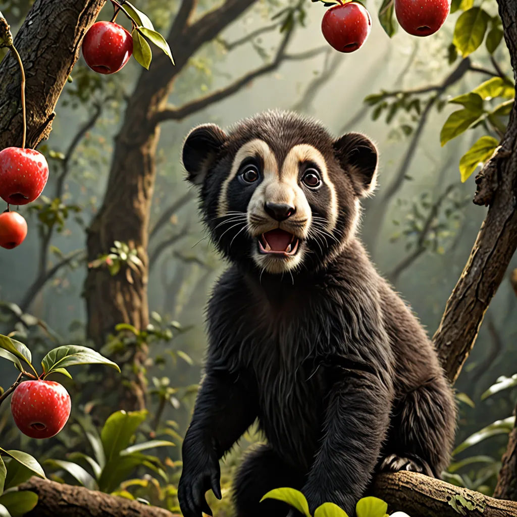 a painting of a bear in a forest with apples hanging from trees and a bear cub sitting on a branch, photorealism, a photorealistic painting, Chris LaBrooy, behance hd