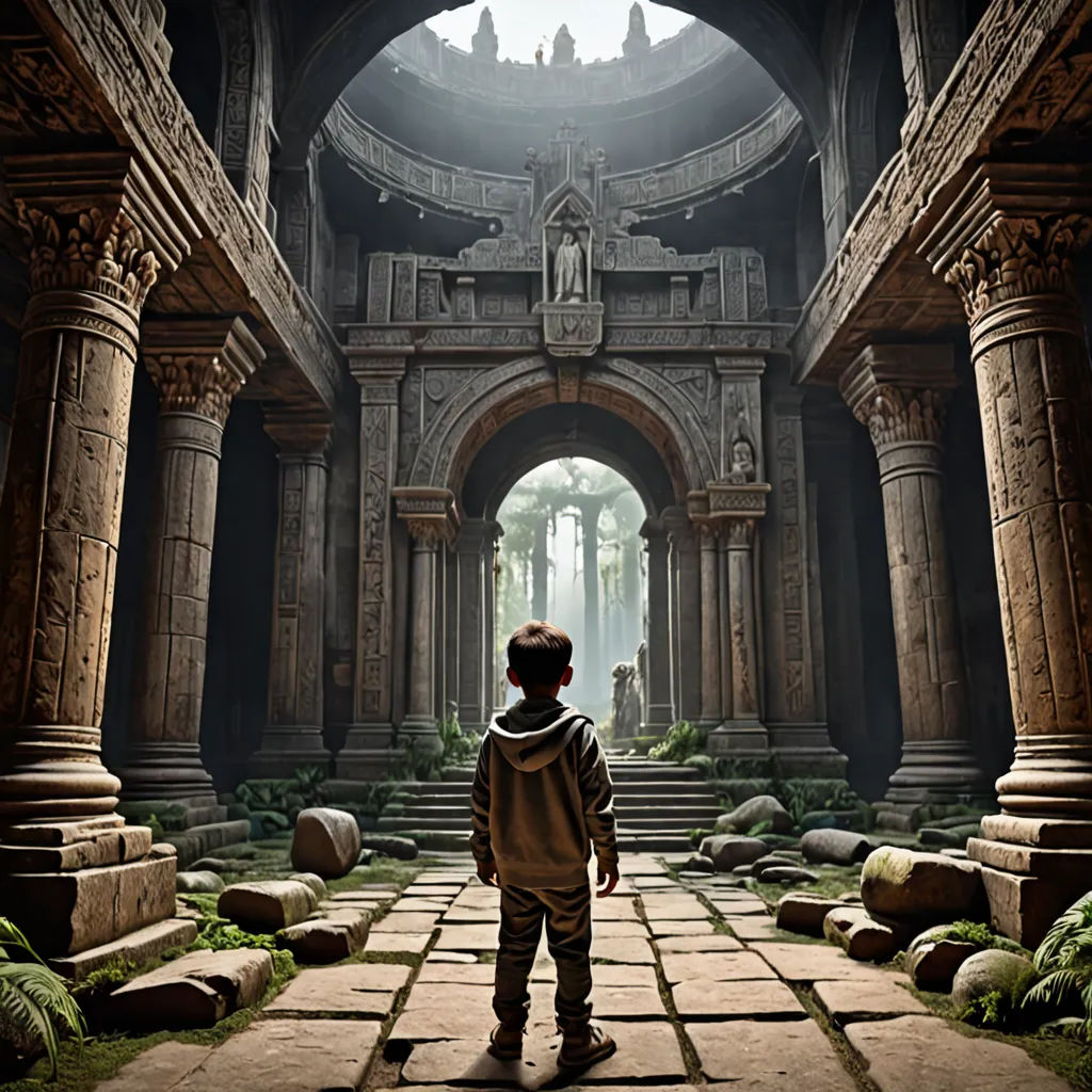 a man standing in a large room with columns and a doorway leading to another room with a statue on the wall, photorealism, a detailed matte painting, Cliff Childs, path traced
