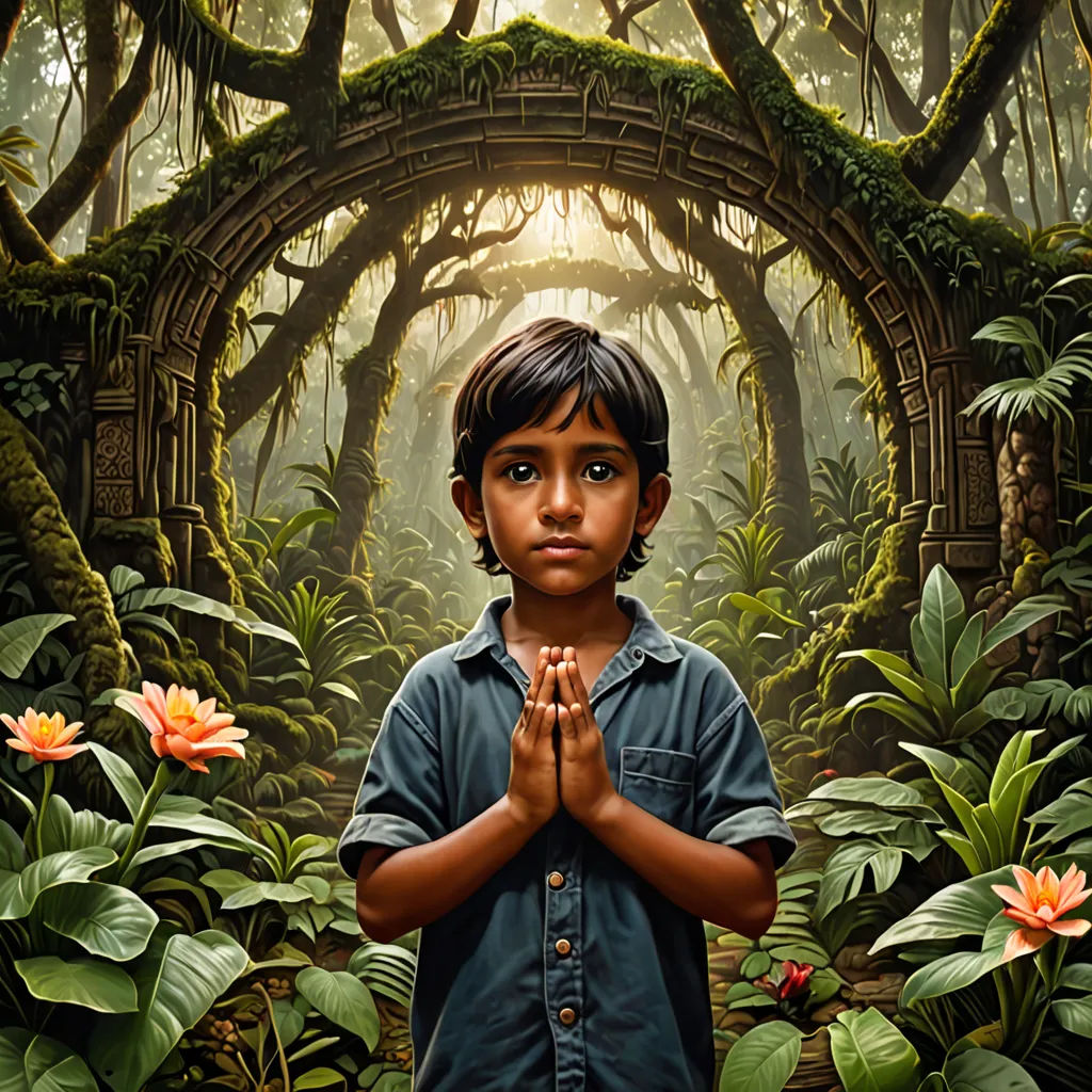 a boy standing in a forest with a praying hand in front of him and a forest background with flowers, magical realism, a detailed matte painting, Drew Struzan, highly detailed digital painting