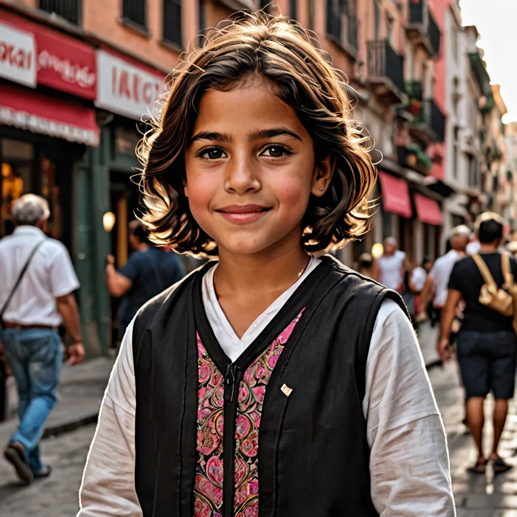 a young boy standing on a street corner in a city with people walking by and a woman walking down the street, neoism, a portrait, Charly Amani, portrait photography