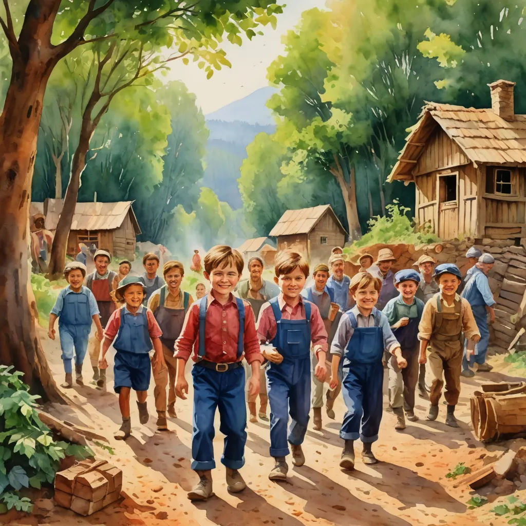 a painting of a group of children walking down a dirt road with a log cabin in the background and a man in overalls and a red shirt, socialist realism, a storybook illustration, Brothers Hildebrandt, highly detailed oil painting