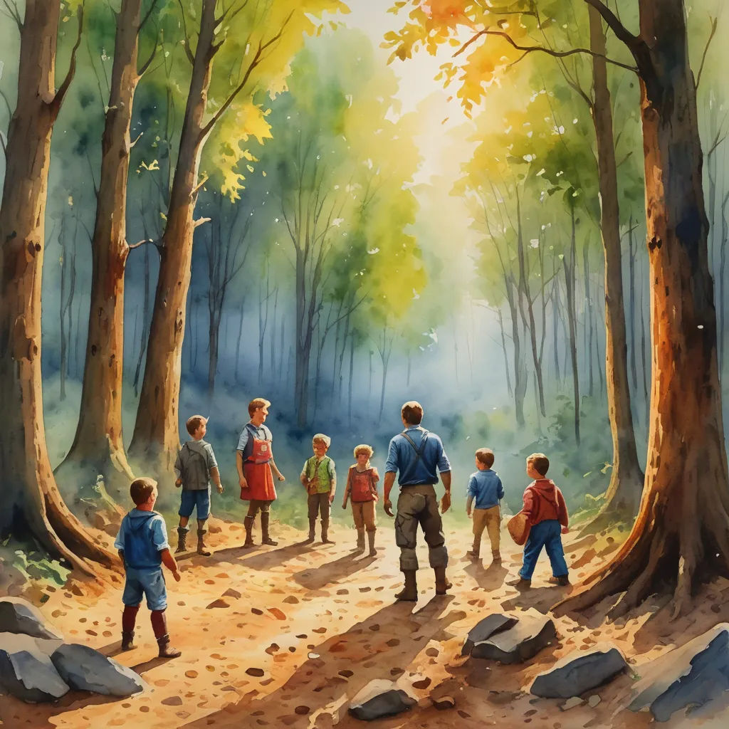 a painting of a group of children walking through a forest with a man in the background and a woman in the foreground, american scene painting, a fine art painting, Brothers Hildebrandt, official art