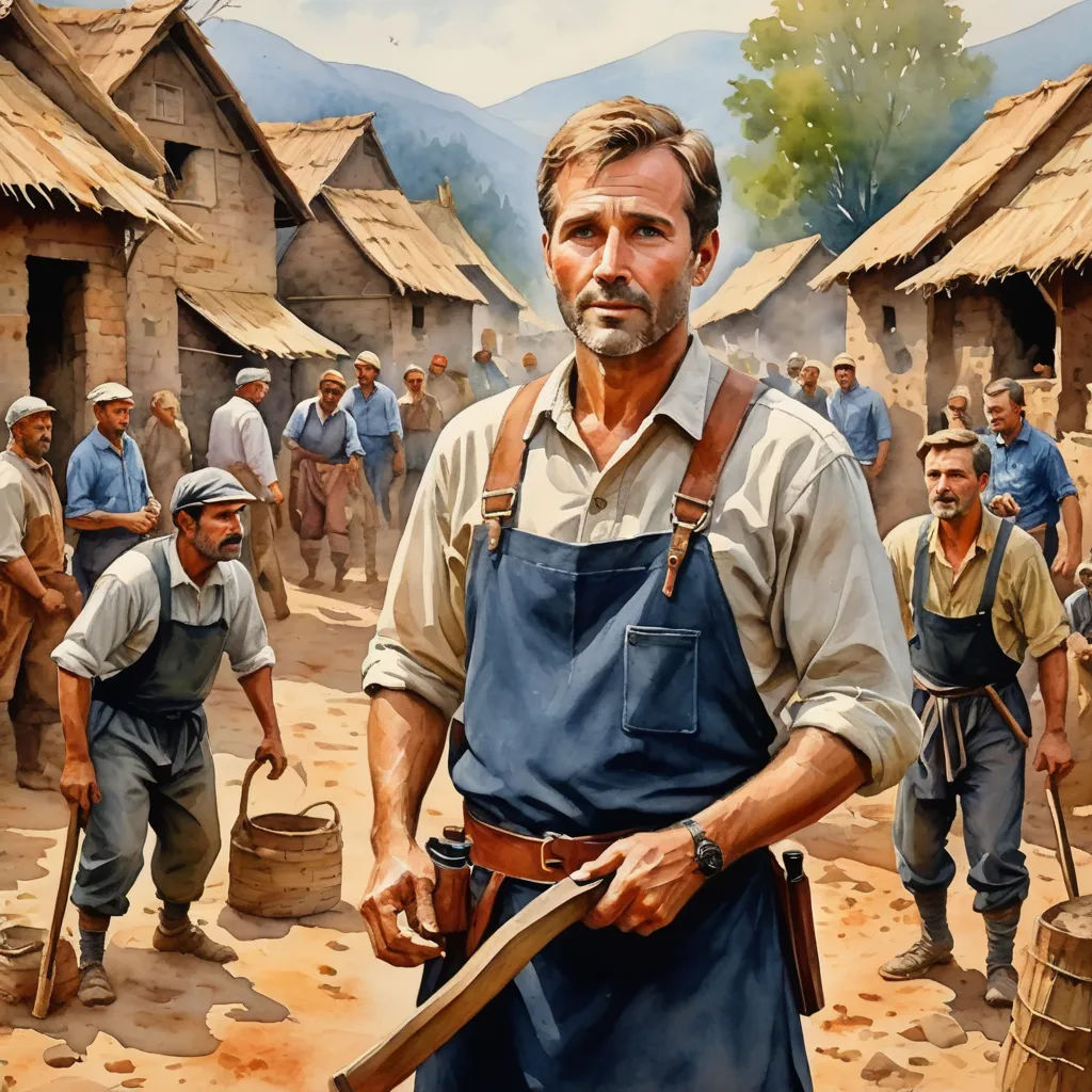 a painting of a man holding a large knife in front of a village with men in uniform and straw huts, socialist realism, a detailed matte painting, Edward Otho Cresap Ord, II, kinkade