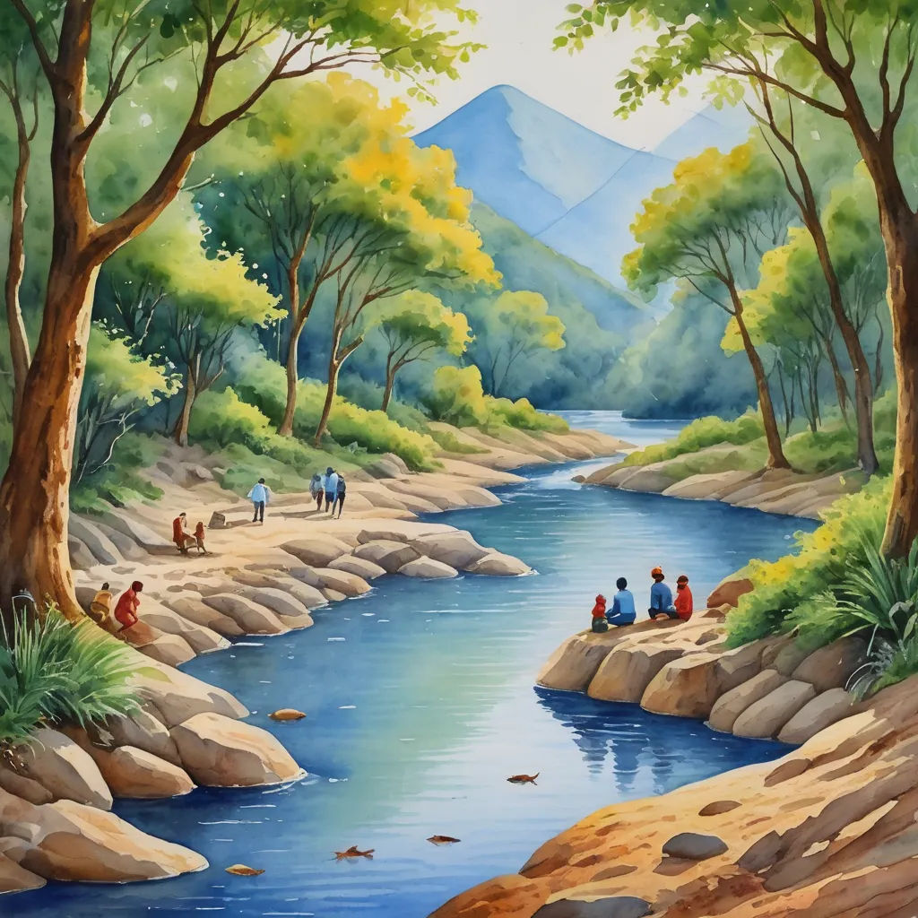 a painting of people sitting on rocks near a river and mountains in the background with a blue sky and green trees, american scene painting, an oil on canvas painting, Bhupen Khakhar, nature