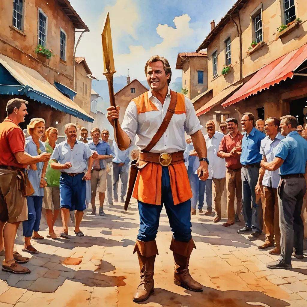 a man in a costume holding a sword in front of a crowd of people in a town square with buildings, fantasy art, a detailed matte painting, Douglas Robertson Bisset, official art
