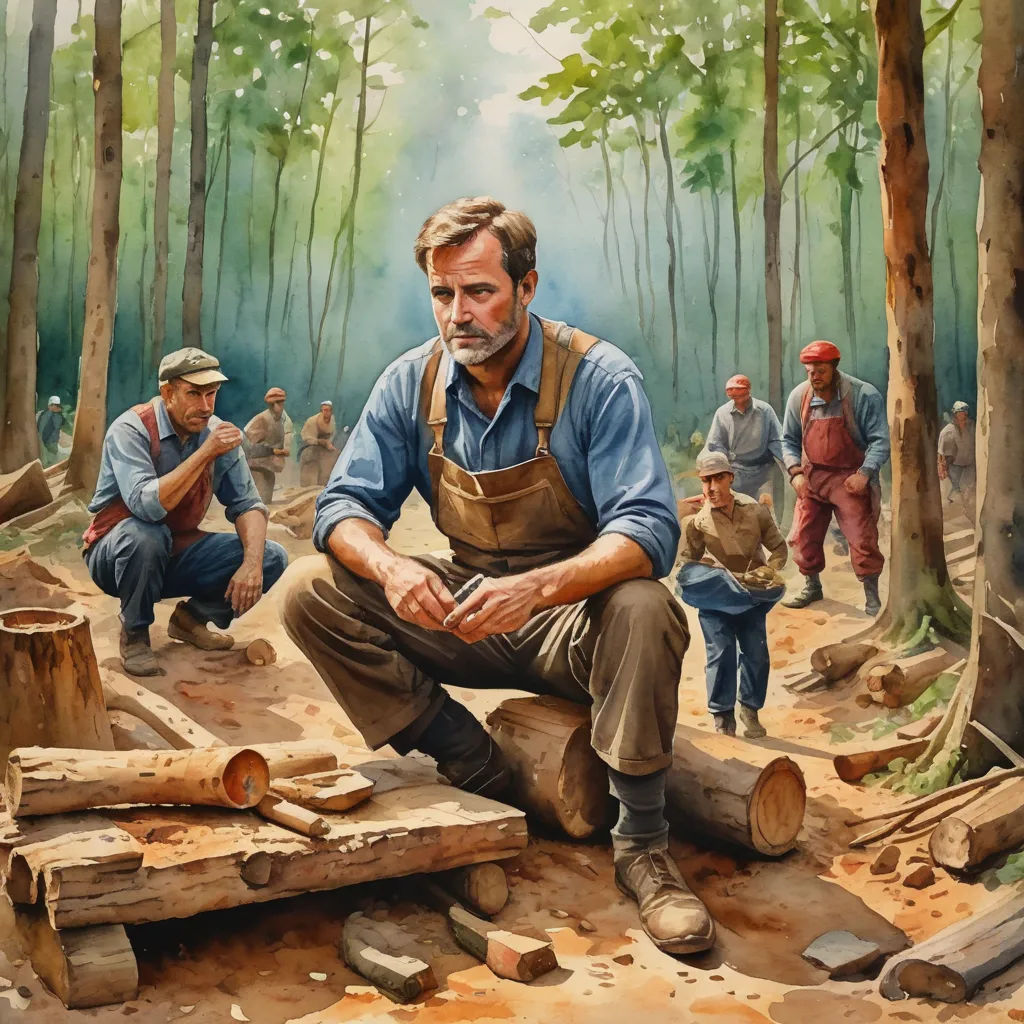 a painting of a man sitting on a log in the woods with other men around him and a firewood, socialist realism, an ultrafine detailed painting, David Palumbo, tom of finland