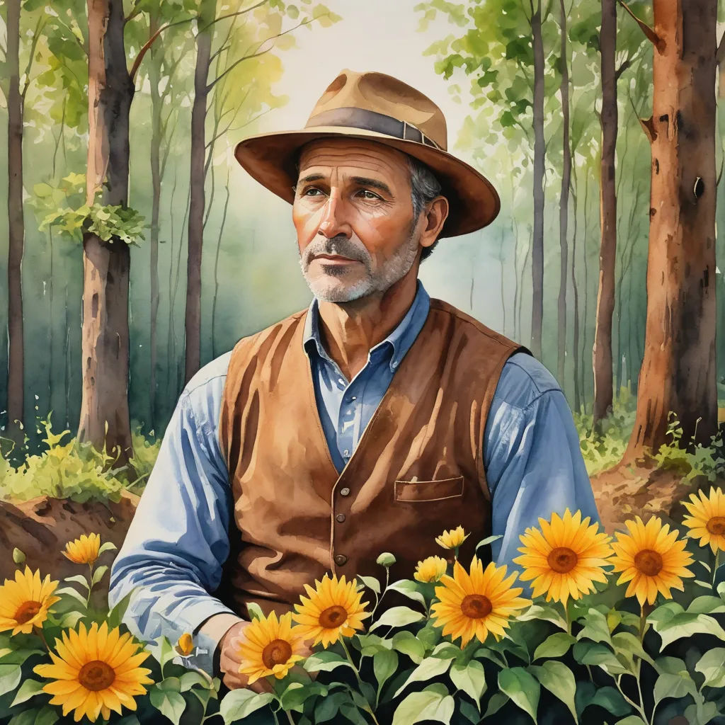 a painting of a man in a hat and vest in a field of sunflowers with trees in the background, folk art, a character portrait, Bob Byerley, in gouache detailed paintings