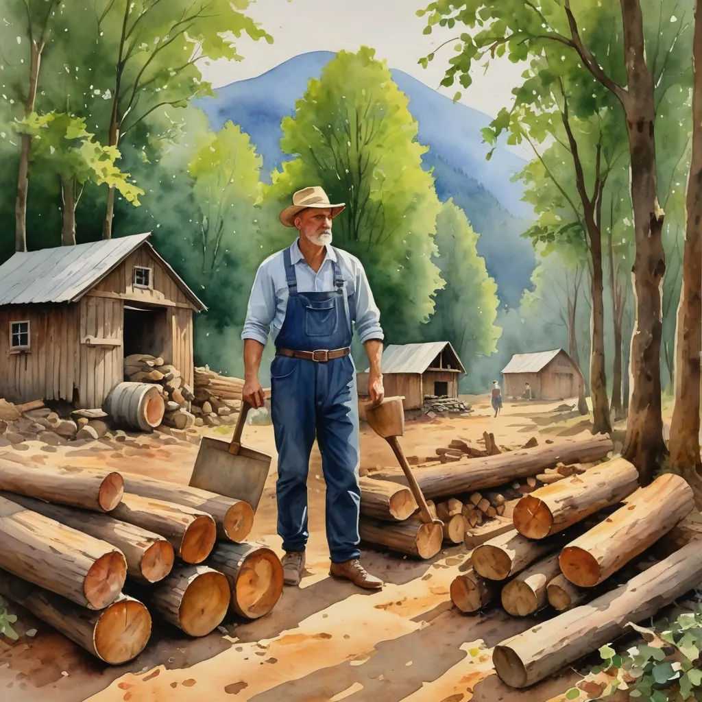 a painting of a man holding a shovel in front of a pile of logs in a forest with a cabin in the background, american scene painting, a detailed painting, Bob Thompson, detailed painting
