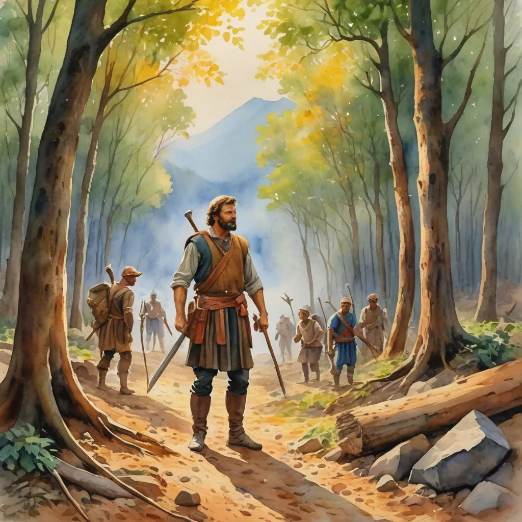 a painting of a man in a forest with a sword and a lot of people in the background walking, primitivism, a watercolor painting, Edward Otho Cresap Ord, II, official art