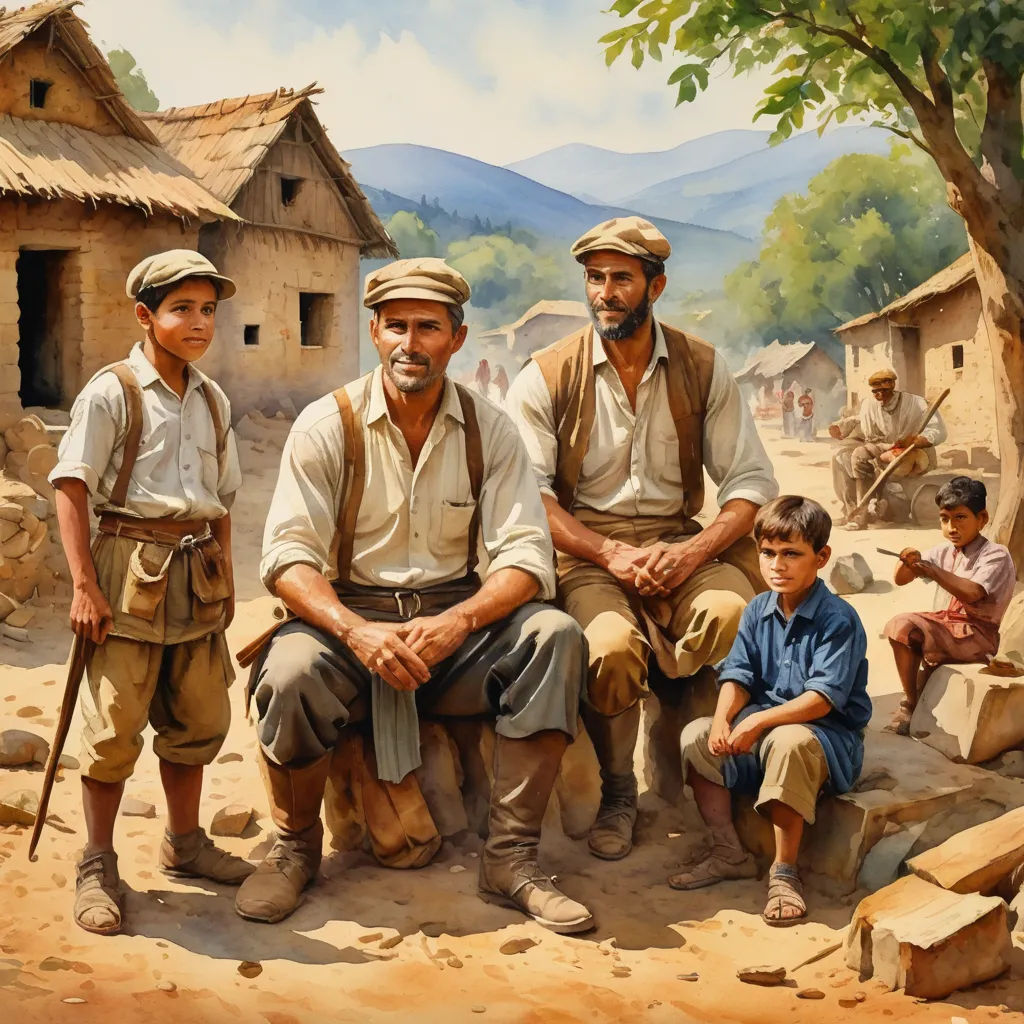 a painting of a family of three sitting on a rock in front of a village with a mountain in the background, socialist realism, a detailed painting, Brothers Hildebrandt, highly detailed digital painting