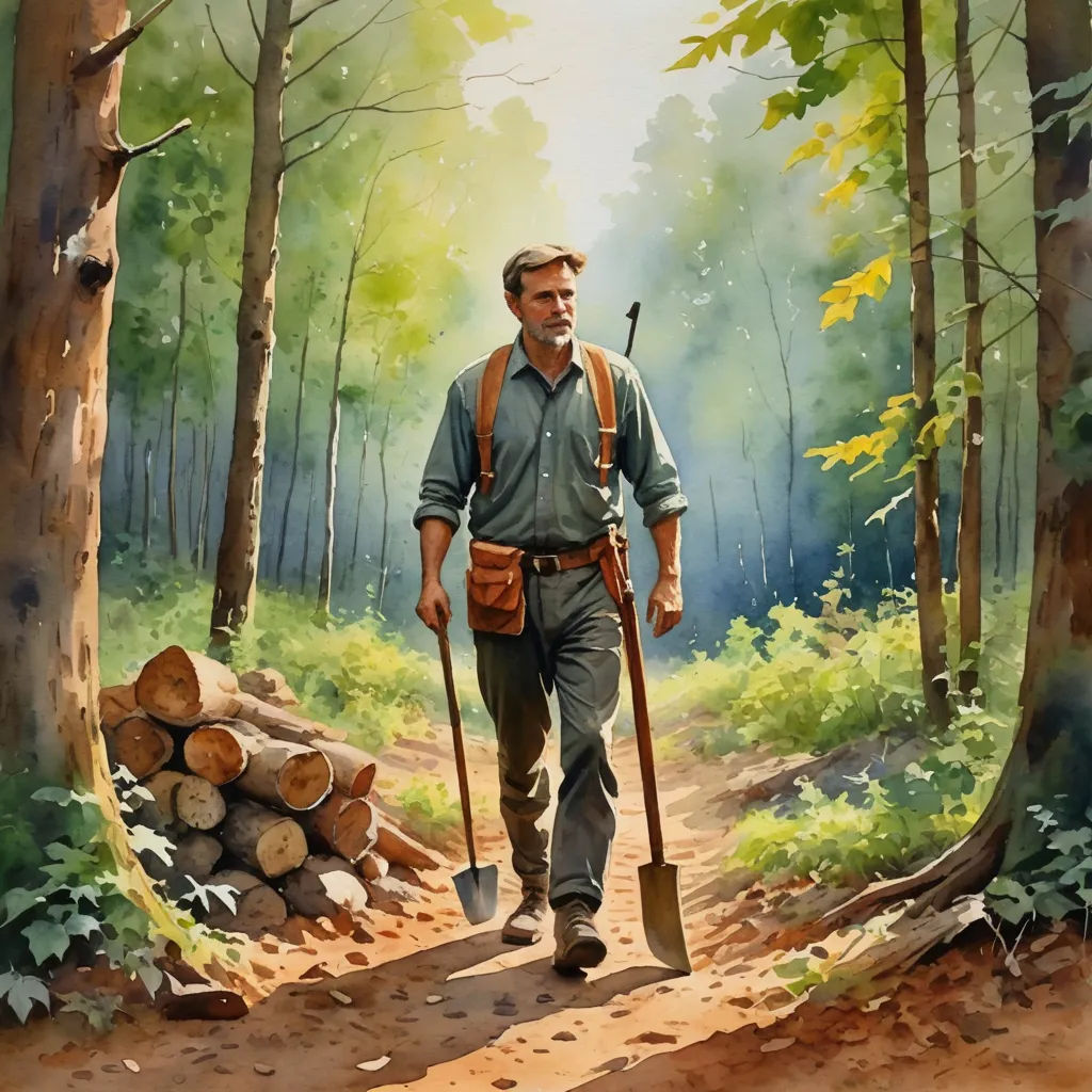 a painting of a man walking through a forest with a shovel and a bag of wood in his hand, american scene painting, a detailed matte painting, Alson S. Clark, official art