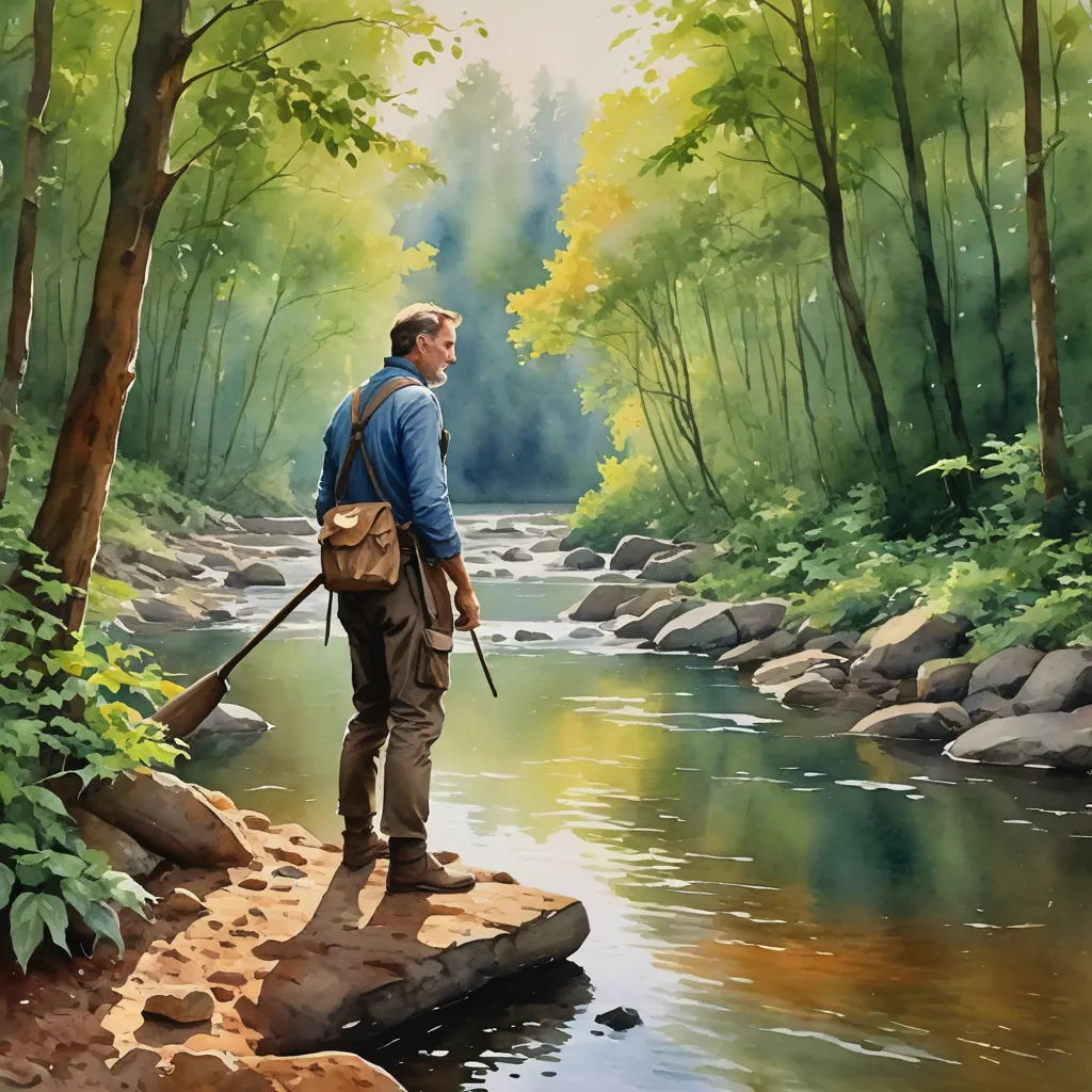 a painting of a man standing on a rock in a river with a paddle in his hand and a backpack on his back, american scene painting, a fine art painting, Alson S. Clark, thomas kindkade