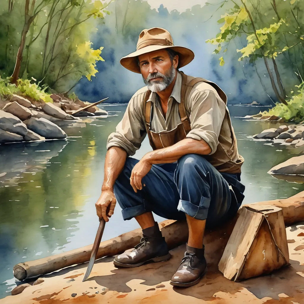 a painting of a man sitting on a log with a fishing pole in his hand and a river in the background, american scene painting, a fine art painting, Alvan Fisher, highly detailed oil painting