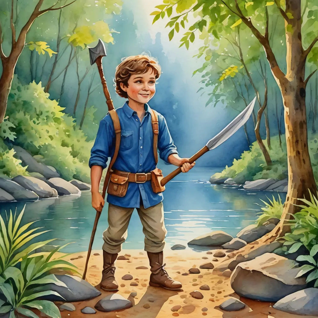 a painting of a boy holding a sword and a pick axe in a forest with a river in the background, fantasy art, a storybook illustration, Aaron Jasinski, official art