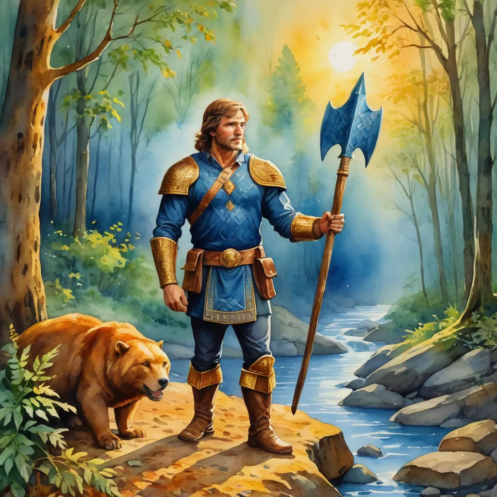 a painting of a man in a blue outfit holding a blue axe and a bear in a forest with a stream, fantasy art, a character portrait, Brothers Hildebrandt, epic fantasy character art