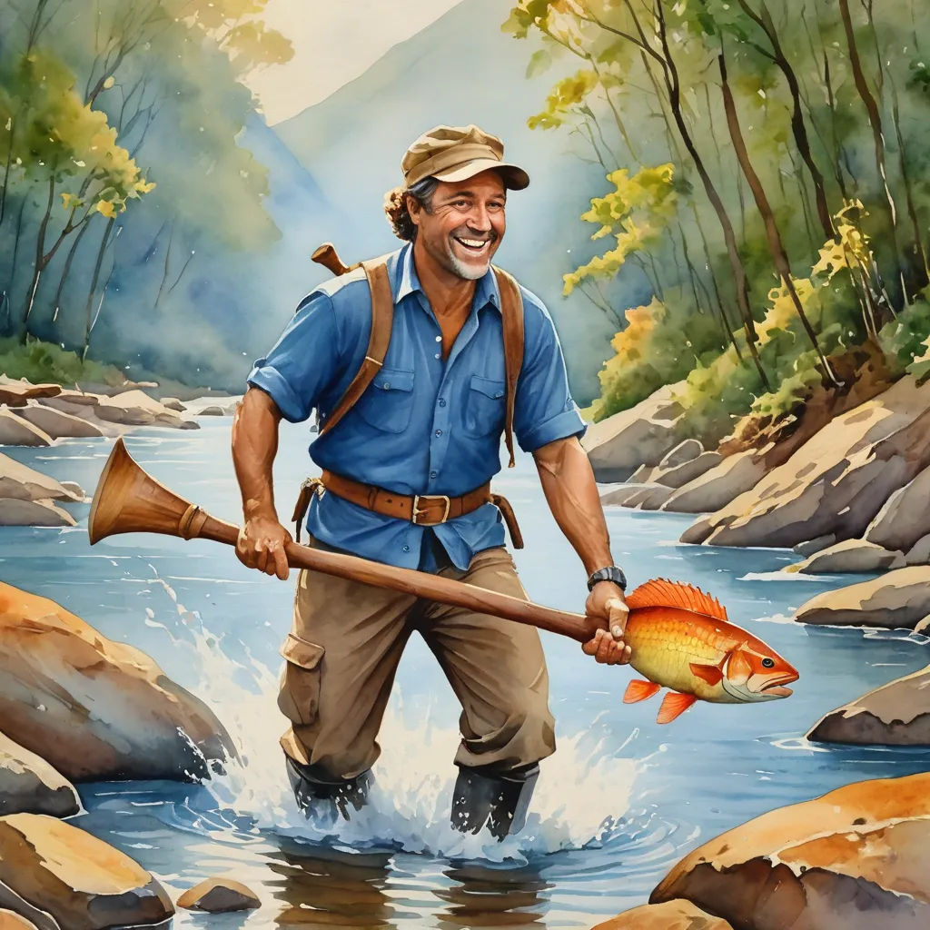 a painting of a man holding a fish in a river with a paddle and a stick in his hand, fantastic realism, a fine art painting, Brian 'Chippy' Dugan, official art