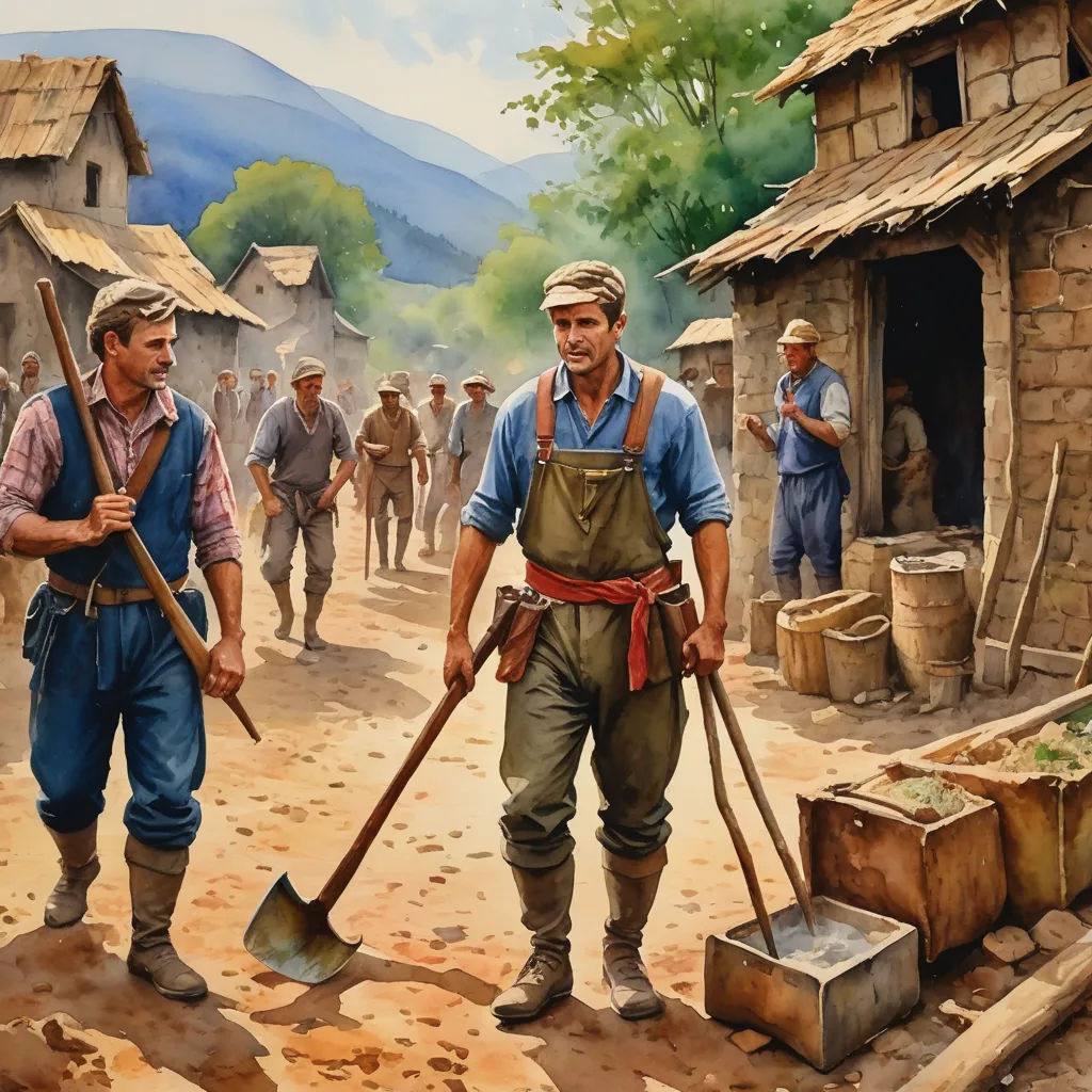 a painting of two men with shovels and a box of wood in front of a village with people, socialist realism, a detailed matte painting, Brothers Hildebrandt, detailed painting