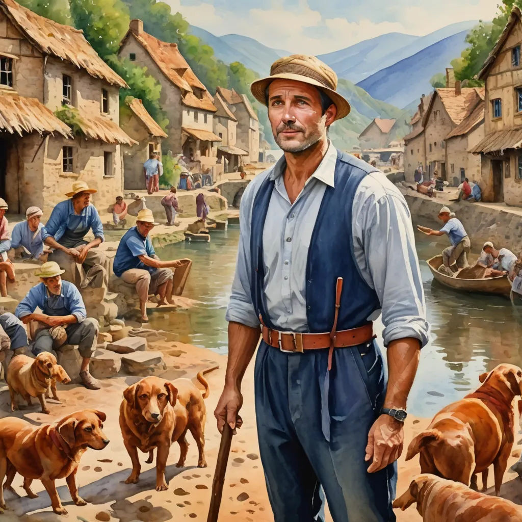 a painting of a man with a cane and dogs in a village with a river and houses in the background, american scene painting, a detailed matte painting, Bob Byerley, detailed painting