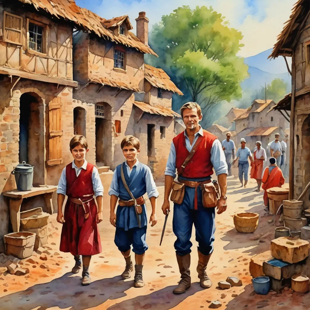a painting of a man and two boys walking down a street with a village in the background and a man in a red vest and a blue shirt and white shirt, fantasy art, a detailed matte painting, Brothers Hildebrandt, set in 1860