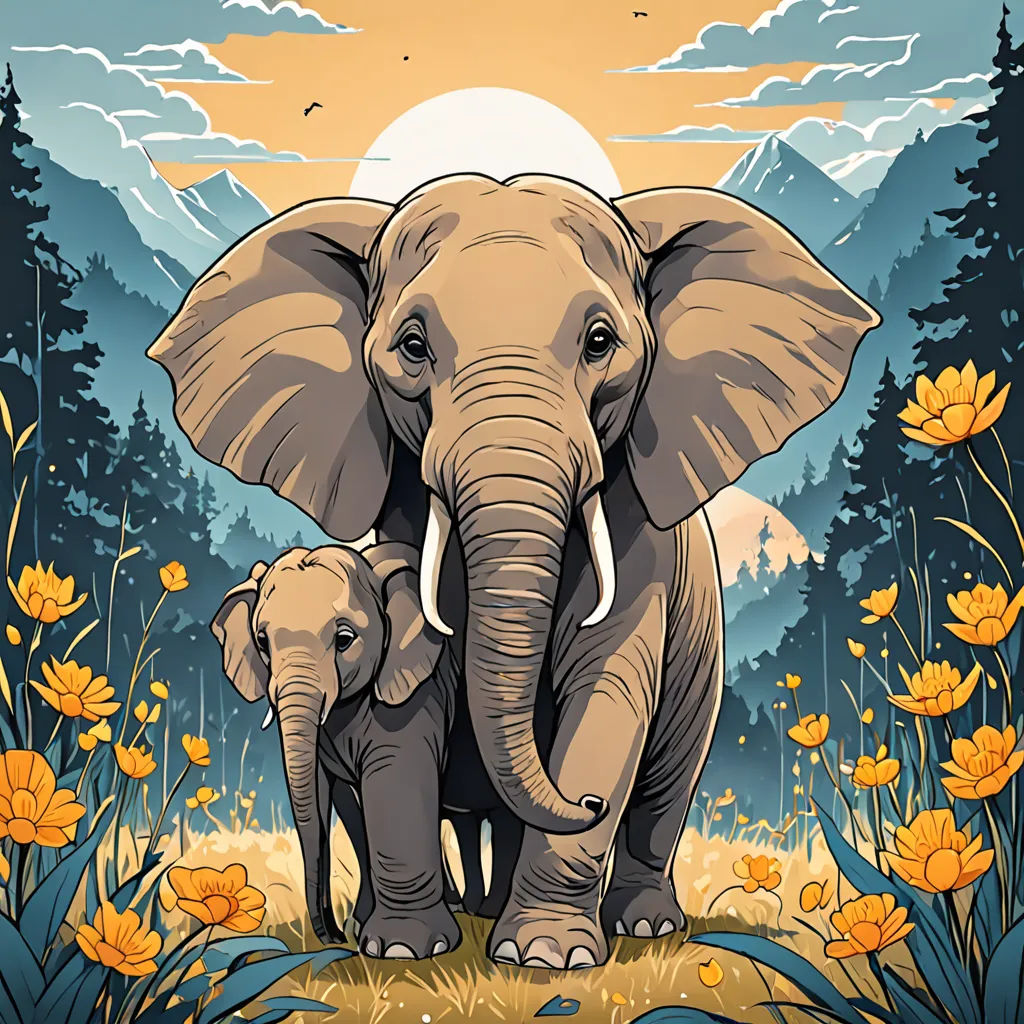 a baby elephant standing next to an adult elephant in a field of flowers and trees with a full moon in the background, Dan Mumford, sumatraism, a storybook illustration, high detail illustration