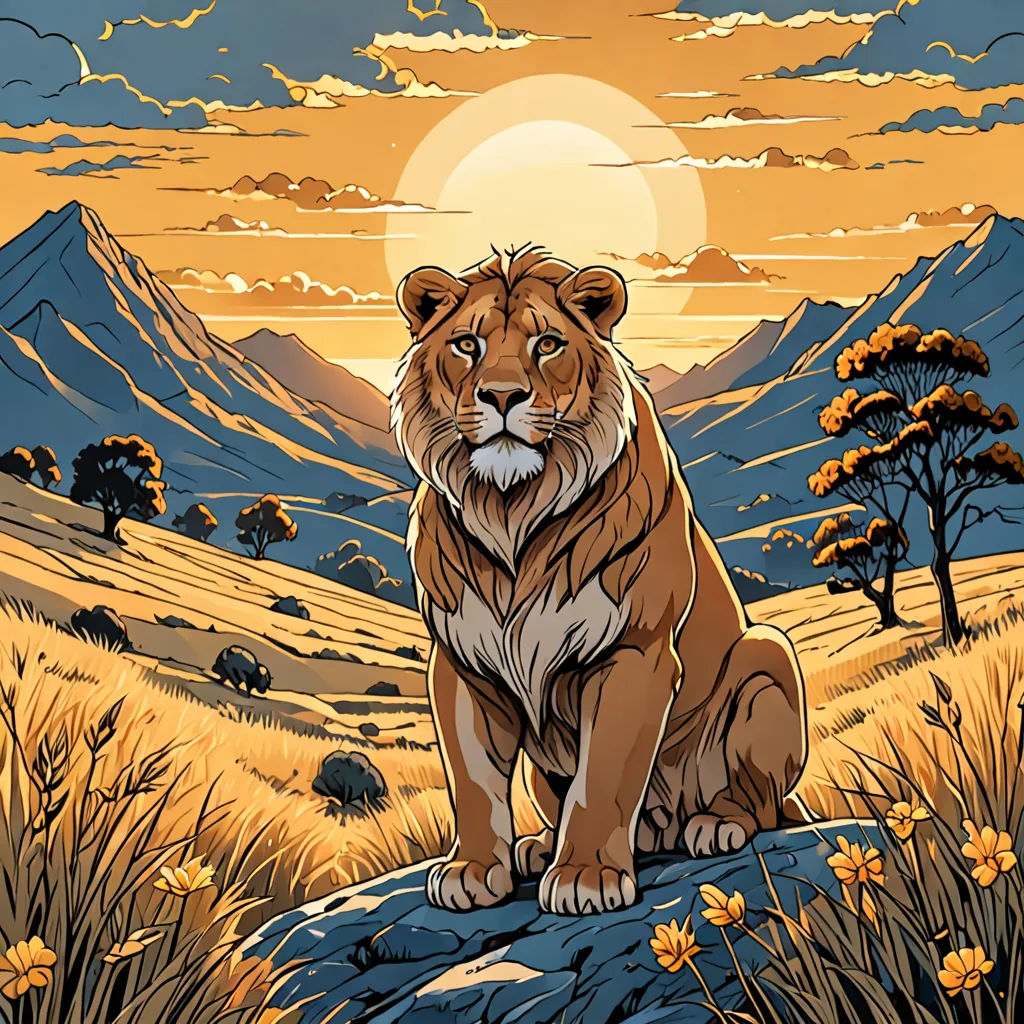 a lion sitting on a rock in a field with mountains in the background and a sunset in the background, Chris LaBrooy, fantasy art, an album cover, trending on art station