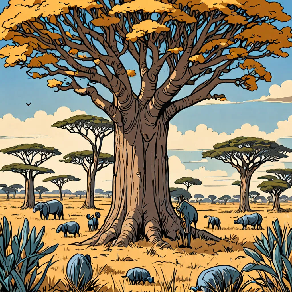 a painting of a tree with animals in the background and a sky background with clouds and blue sky and clouds, Asaf Hanuka, primitivism, a comic book panel, laurie greasley