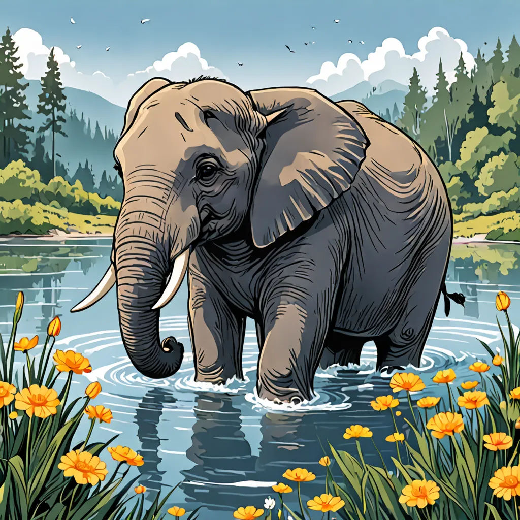 an elephant is standing in the water surrounded by flowers and trees, with a mountain in the background and a lake in the foreground, Chris LaBrooy, environmental art, a storybook illustration, high detail illustration