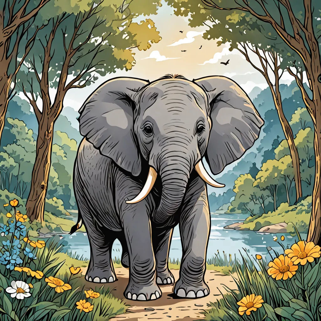 an elephant is walking through a forest with flowers and trees on the side of the road, with a river in the background, Chris LaBrooy, sumatraism, a storybook illustration, high detail illustration
