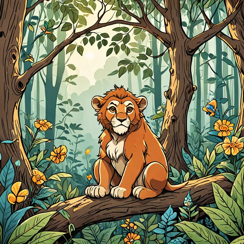 a lion sitting on a log in a forest with flowers and butterflies around it, with a background of trees and flowers, Chris LaBrooy, fantasy art, a storybook illustration, jungle