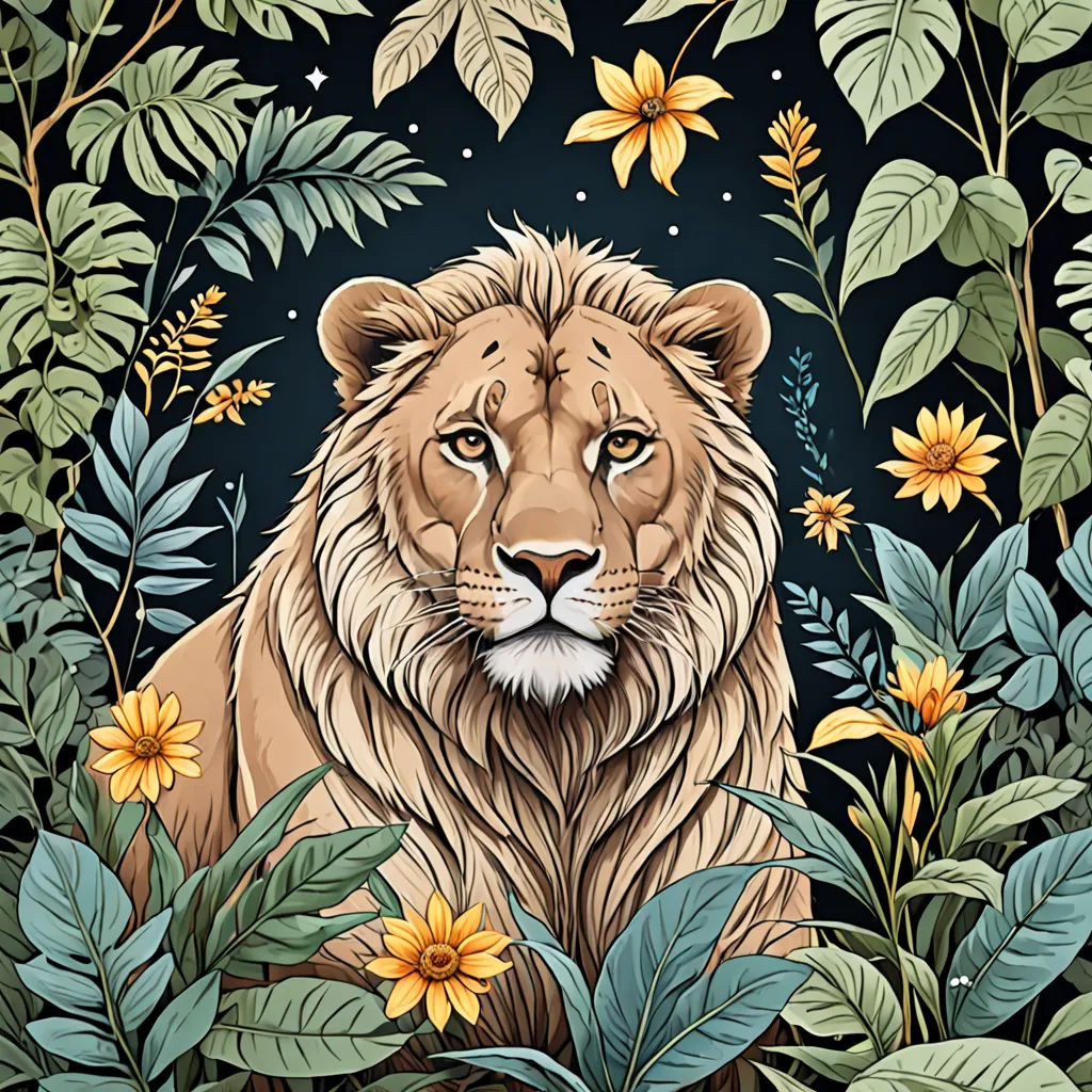 a lion surrounded by flowers and leaves on a dark background with a blue sky in the background and a yellow flower, Chris LaBrooy, psychedelic art, a detailed drawing, trending on art station
