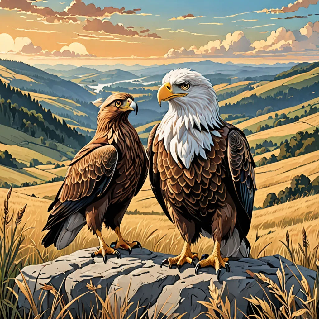 two bald eagle birds sitting on a rock in a field with mountains in the background and clouds in the sky, Brothers Hildebrandt, american scene painting, an airbrush painting, highly detailed digital painting