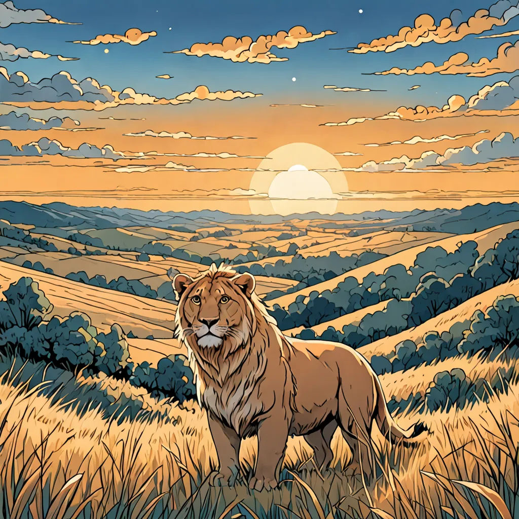 a lion standing in a field of grass with a sunset in the background and clouds in the sky above, Chris LaBrooy, furry art, a comic book panel, sun