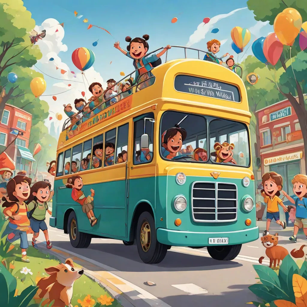 a bus full of people riding down a street with balloons flying in the air above them and a dog on the side of the road, Diego Gisbert Llorens, paris school, a storybook illustration, official art