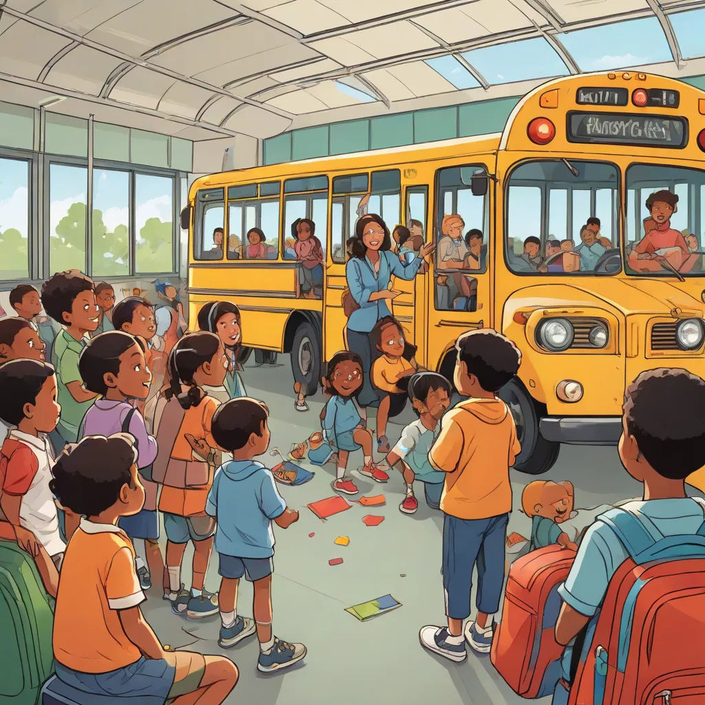 a group of children standing in front of a yellow bus in a building with a woman standing in front of the bus, Chris LaBrooy, vancouver school, a storybook illustration, detailed illustration