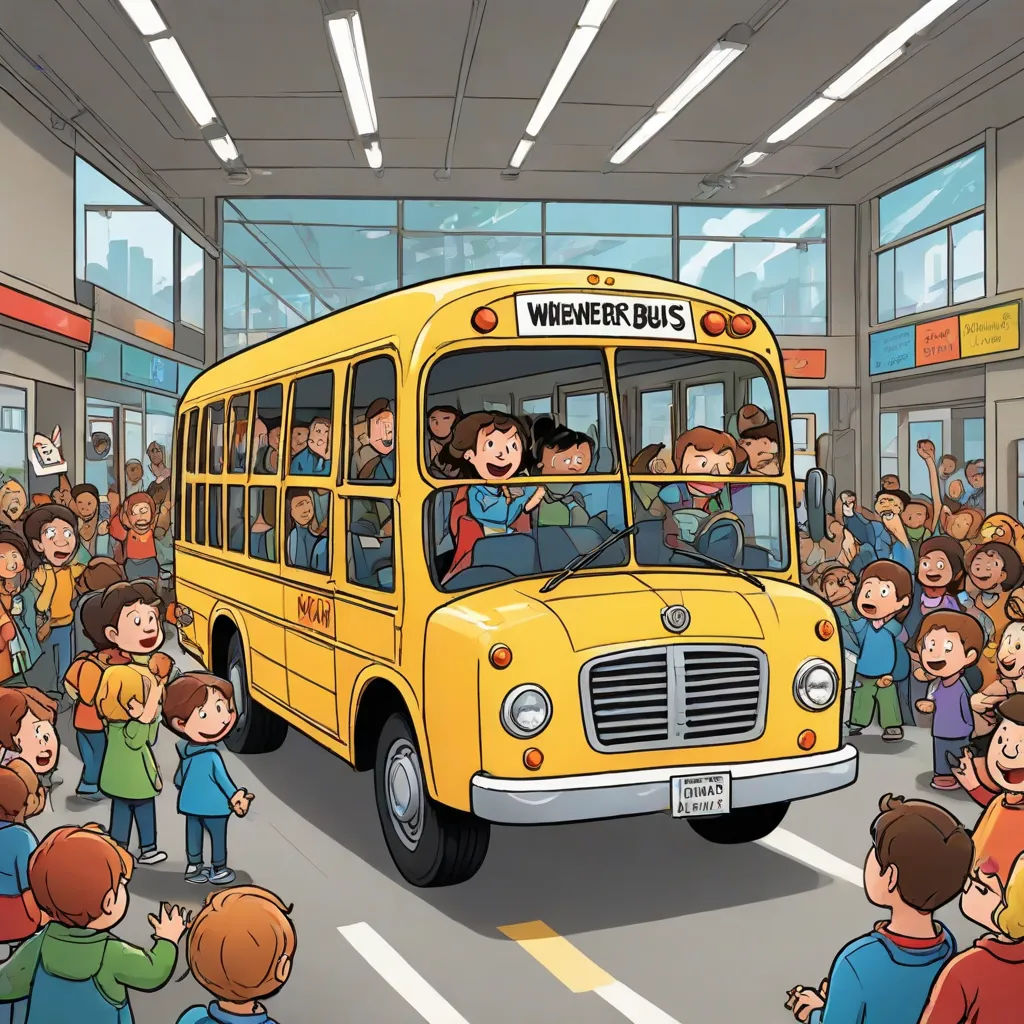 a school bus with a bunch of kids on it driving down the street in front of a crowd of people, David Brewster, vancouver school, a storybook illustration, storybook illustration