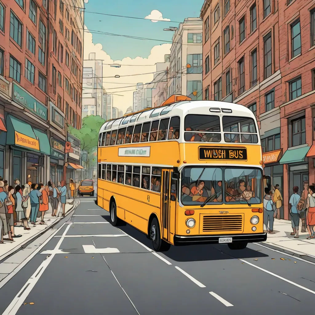 a yellow bus driving down a street next to tall buildings and people standing on the sidewalk near the sidewalk, Chris Ware, retrofuturism, a detailed matte painting, promotional image