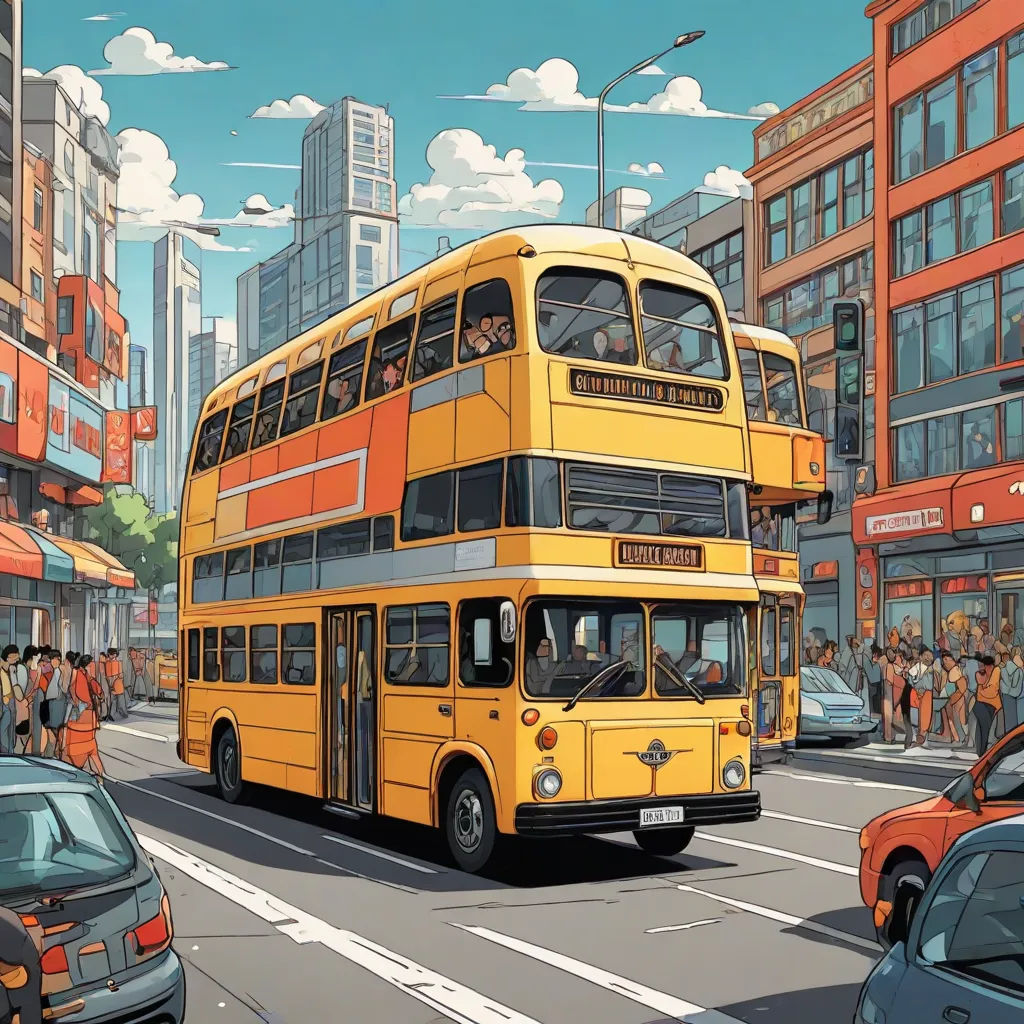a double decker bus driving down a busy street in a city with tall buildings and cars on the side of the road, Dan Mumford, fantastic realism, a detailed matte painting, josan gonzales and dan mumford