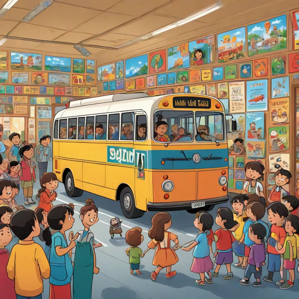 a school bus is driving through a children's store with a large crowd of children standing around it, Art & Language, naive art, a storybook illustration, official art