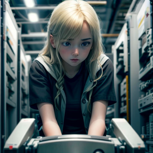 a young girl is sitting in a server room with many wires and equipment on the floor and she is looking at the camera