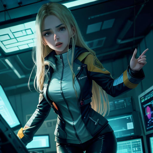 a woman in a futuristic suit standing in a room with monitors and a keyboard on the floor and a hand in the air