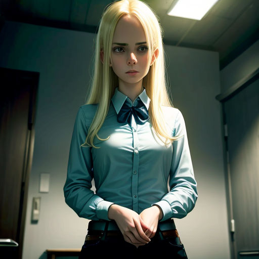 a woman in a blue shirt and black pants standing in a room with a door and a light on