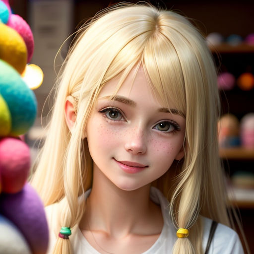 a blonde haired girl with long hair and a necklace on her neck standing next to a pile of colorful balls